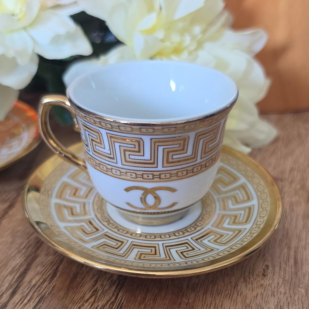 Gilded White Gold Greek Key Tea Cup Set of 2 - Picture 5 of 9